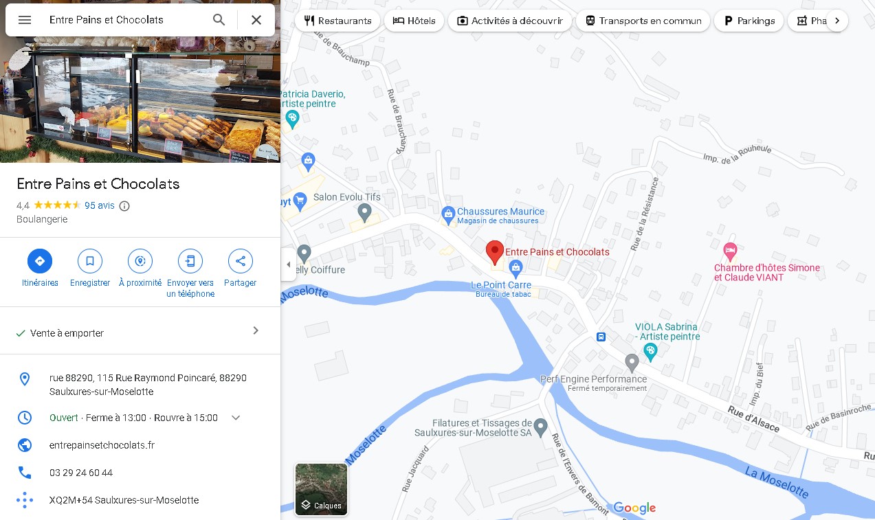 entre pains et chocolats sur google map